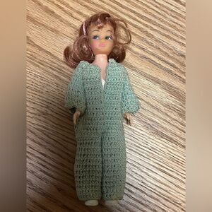 Vintage Hard Plastic Doll Crocheted Jumpsuit Long Brown/Reddish  Hair  7”